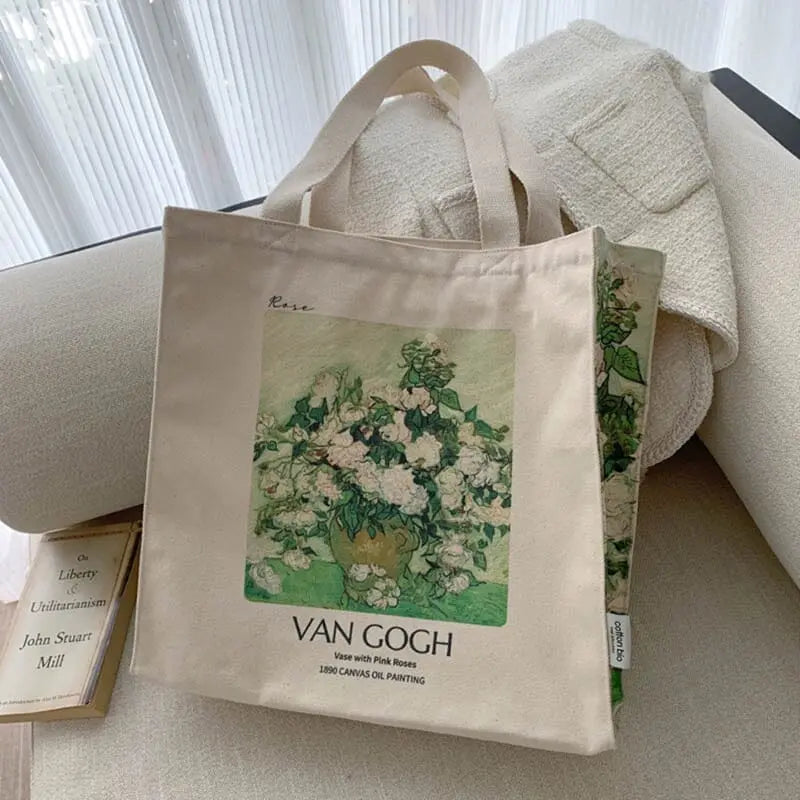 Eco Bag Vintage "Vase with Pink Roses" Vincent Van Gogh - Kawaii Side