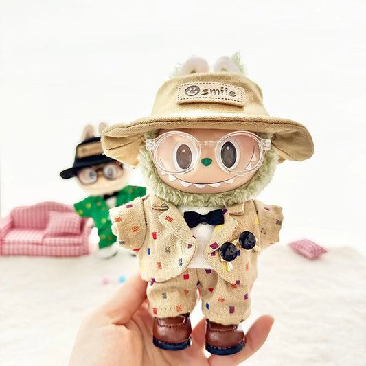 Transparent Frame Glasses + Khaki Smile Cap + Brown Square-Toe Shoes + Brown Trendy Suit Four-Piece Set (Labubu Not Included)
