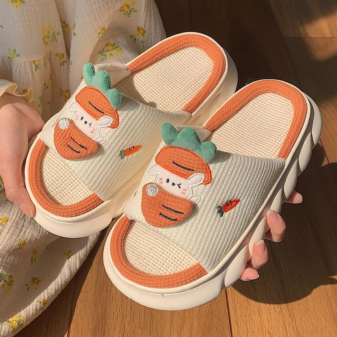 Lovely Rabbit and Carrot Linen Sandals - Kawaii Side