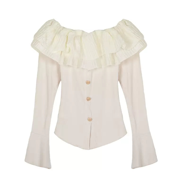 Frill Ruffled Coquette Fit Long Sleeve Cream White Black Top Kawaii Side