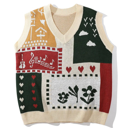 Patchwork Musical Note Flower Knit Vest - Kawaii Side