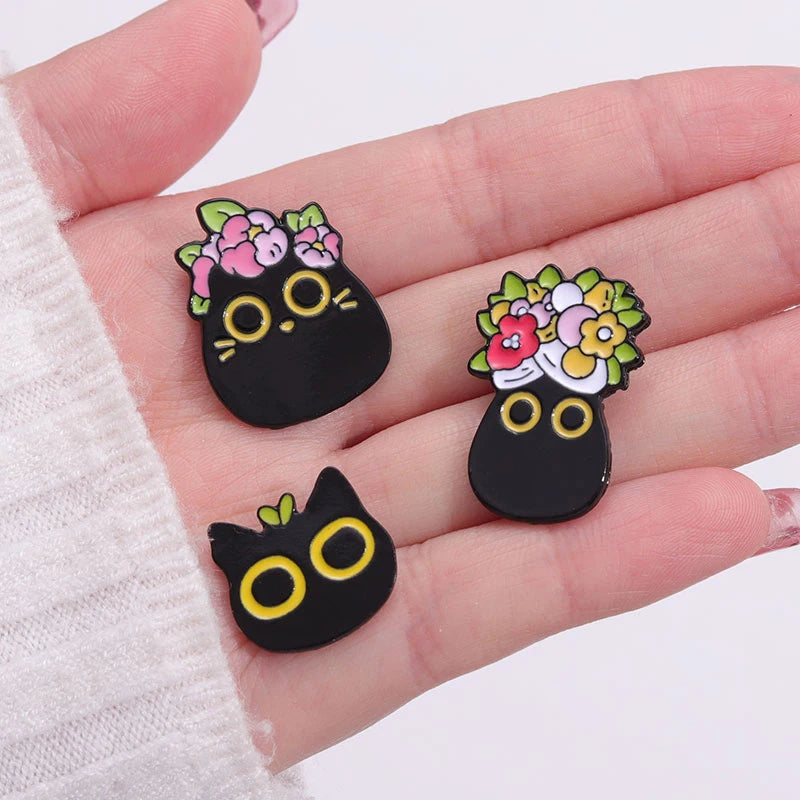 Black Cats Enamel Pins Kawaii Side