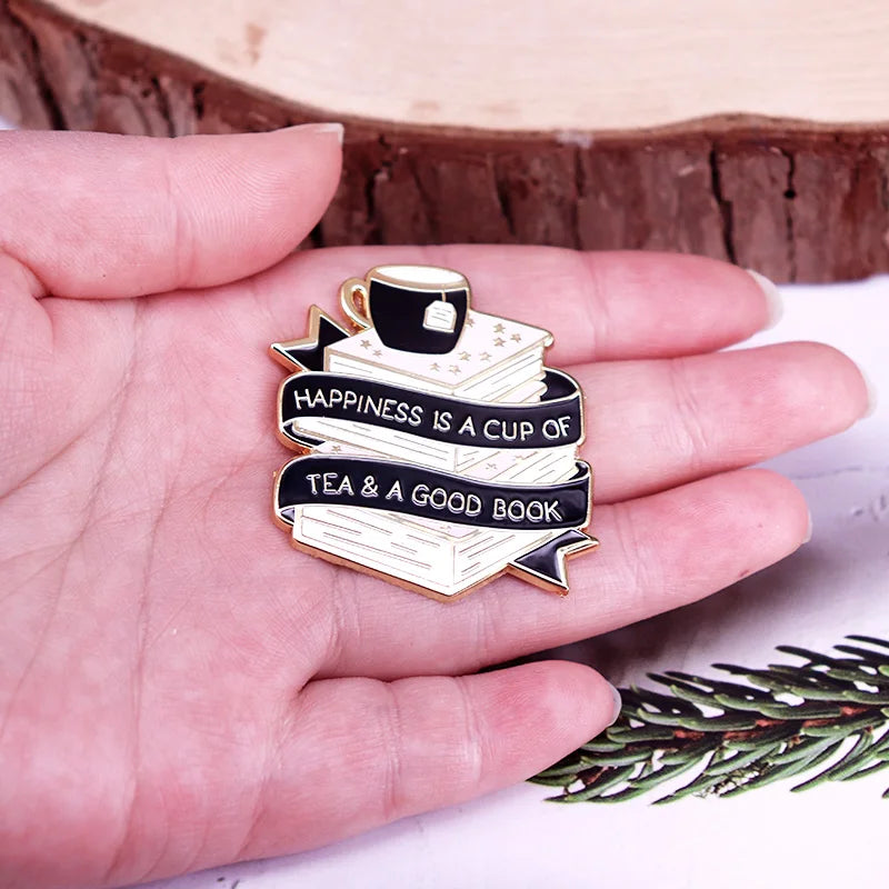 Tea And Book Hard Enamel Pin Happiness Brooch Read And Tea Lovers Collect Gift Kawaii Side