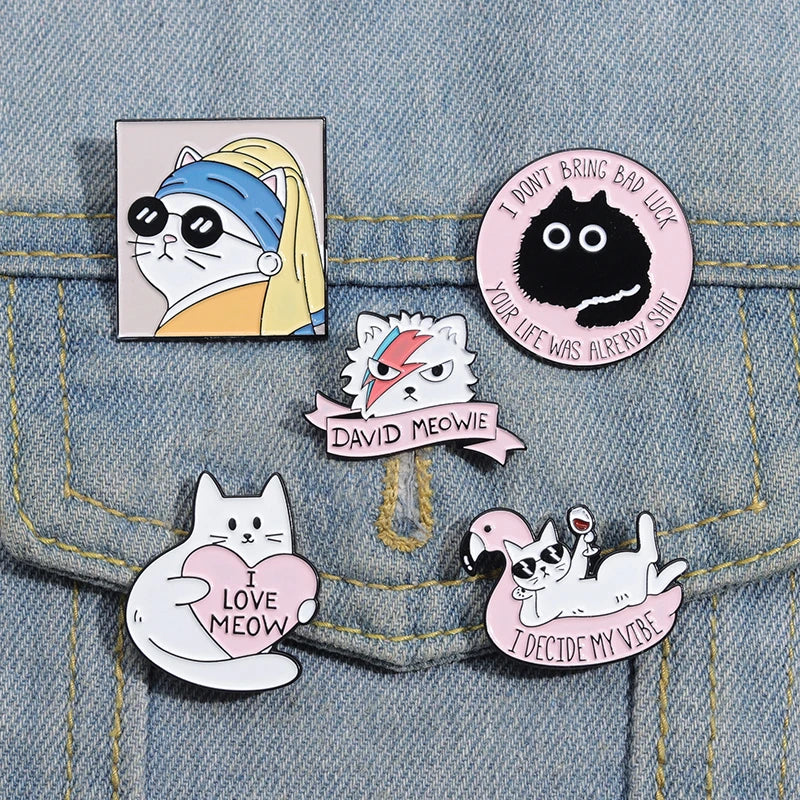 I Decide My Vibe Enamel Pin Custom Fun Oil Painting Cat Bring Bad Luck David Meowie Brooches Lapel Badges Art Works Jewelry Gift Kawaii Side