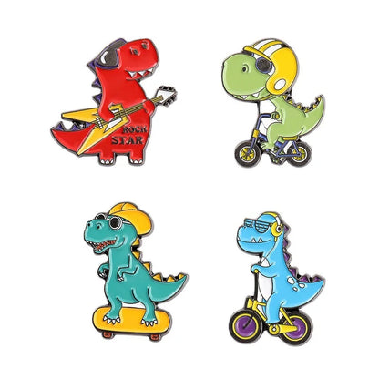 Cartoon Dinosaur Playing Skateboard Bike Guitar Shape Enamel Pins Cute Animal Brooches Women Men Clothes Lapel Pin Badges Jewelr Kawaii Side