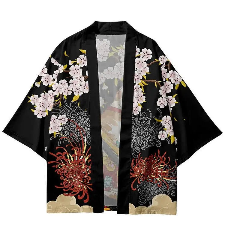 Vintage Cat Sakura Crane Print Loose Cardigan Kimono Outerwear - Kawaii Side