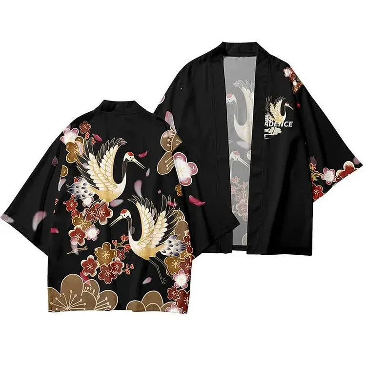 Vintage Cat Sakura Crane Print Loose Cardigan Kimono Outerwear - Kawaii Side