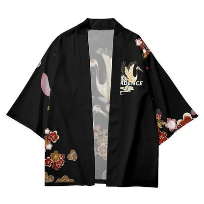 Vintage Cat Sakura Crane Print Loose Cardigan Kimono Outerwear - Kawaii Side
