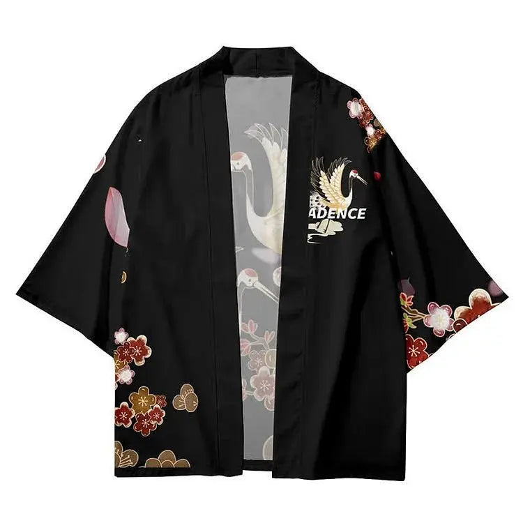 Vintage Cat Sakura Crane Print Loose Cardigan Kimono Outerwear - Kawaii Side