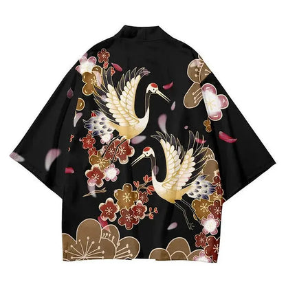 Vintage Cat Sakura Crane Print Loose Cardigan Kimono Outerwear - Kawaii Side