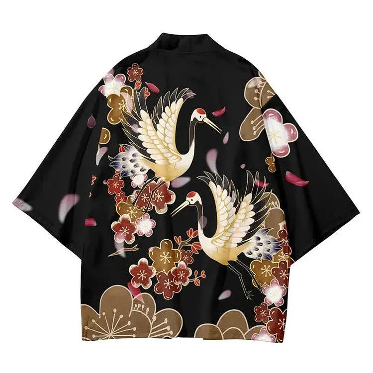 Vintage Cat Sakura Crane Print Loose Cardigan Kimono Outerwear - Kawaii Side