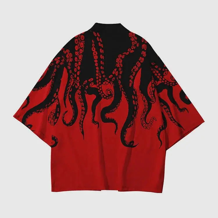 Vintage Octopus Colorblock Print Cardigan Kimono Outerwear - Kawaii Side