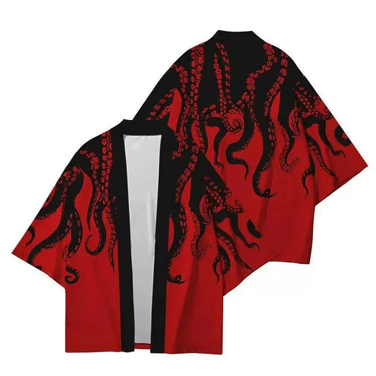 Vintage Octopus Colorblock Print Cardigan Kimono Outerwear - Kawaii Side