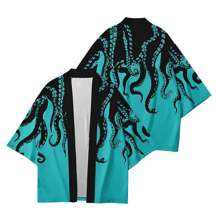 Vintage Octopus Colorblock Print Cardigan Kimono Outerwear - Kawaii Side