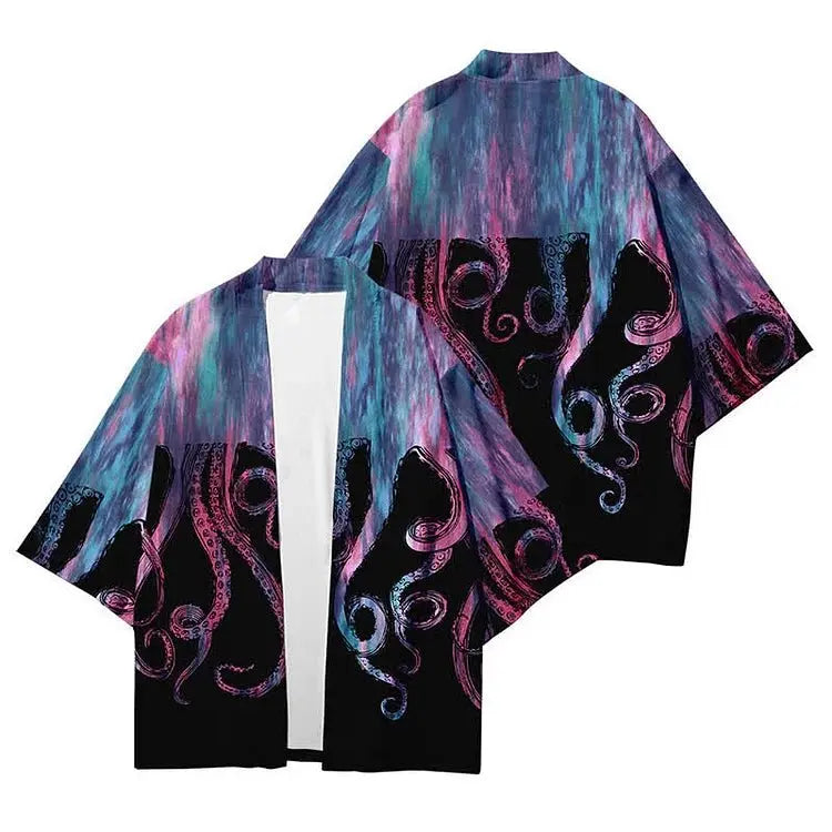 Vintage Octopus Colorblock Print Cardigan Kimono Outerwear - Kawaii Side