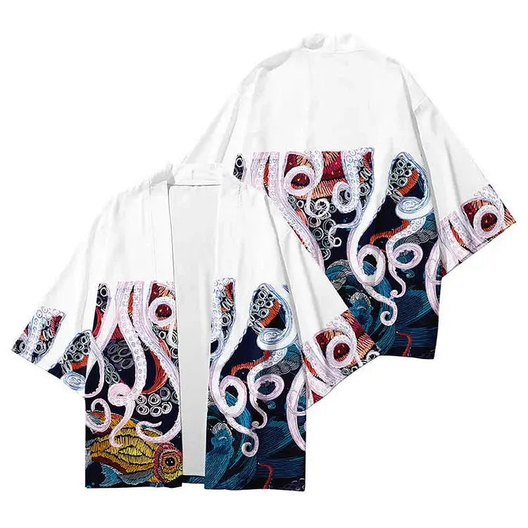 Vintage Octopus Colorblock Print Cardigan Kimono Outerwear - Kawaii Side