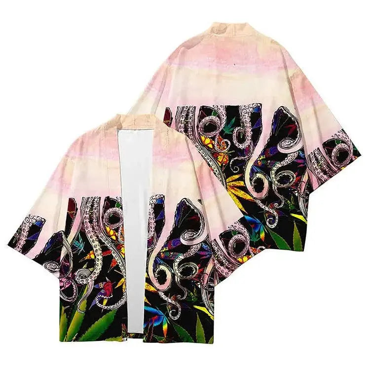 Vintage Octopus Colorblock Print Cardigan Kimono Outerwear - Kawaii Side