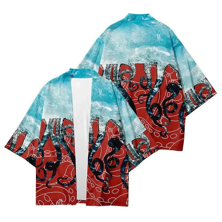 Vintage Octopus Colorblock Print Cardigan Kimono Outerwear - Kawaii Side
