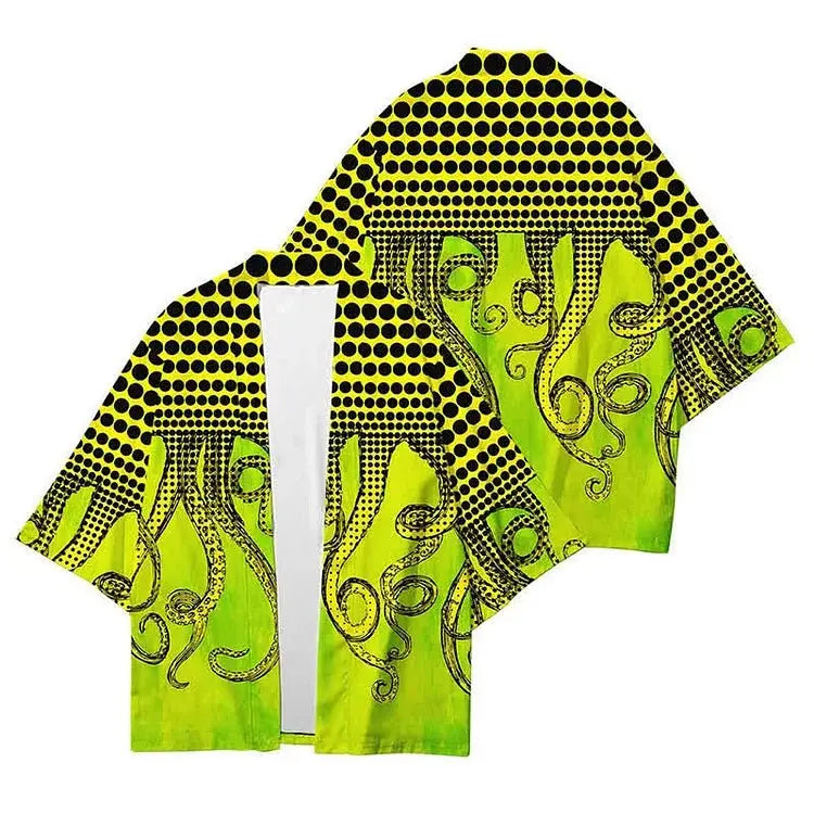 Vintage Octopus Colorblock Print Cardigan Kimono Outerwear - Kawaii Side