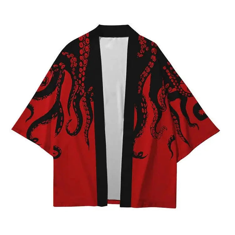 Vintage Octopus Colorblock Print Cardigan Kimono Outerwear - Kawaii Side