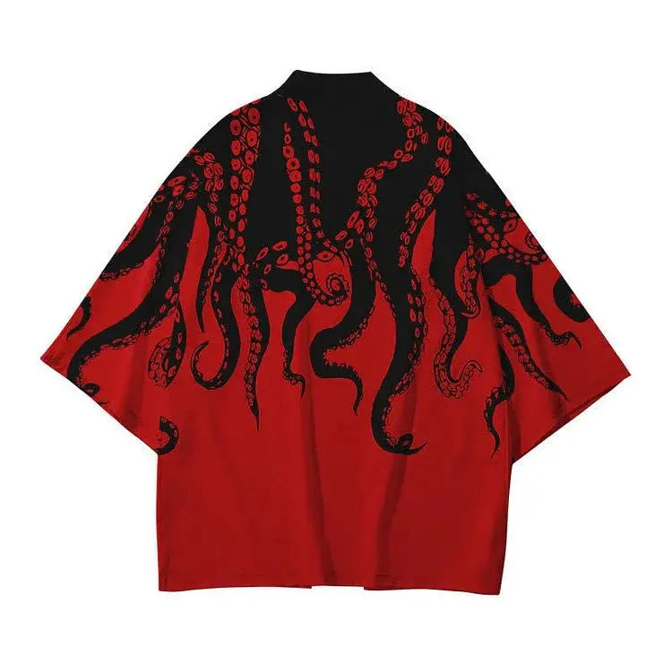 Vintage Octopus Colorblock Print Cardigan Kimono Outerwear - Kawaii Side