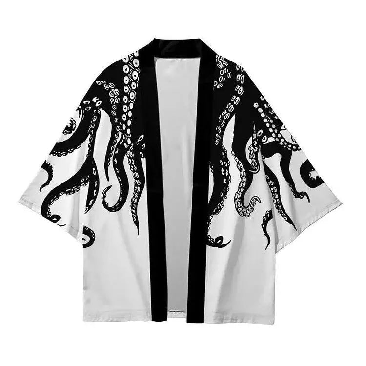 Vintage Octopus Colorblock Print Cardigan Kimono Outerwear - Kawaii Side