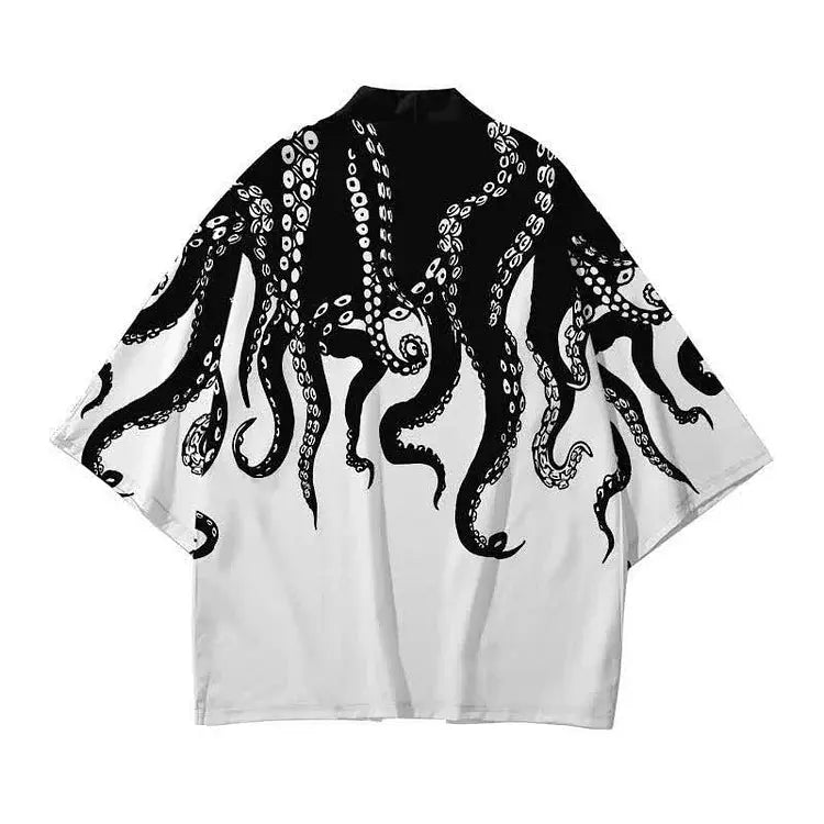 Vintage Octopus Colorblock Print Cardigan Kimono Outerwear - Kawaii Side