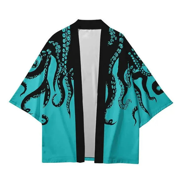 Vintage Octopus Colorblock Print Cardigan Kimono Outerwear - Kawaii Side