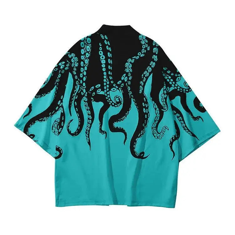 Vintage Octopus Colorblock Print Cardigan Kimono Outerwear - Kawaii Side