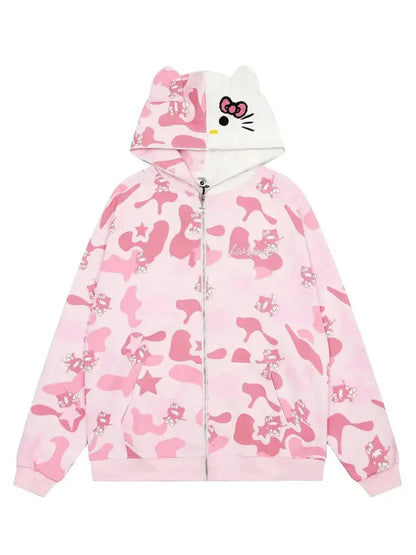 'Wild Kitty' Kawaii Kitty Face Zipped Oversized  Hoodie