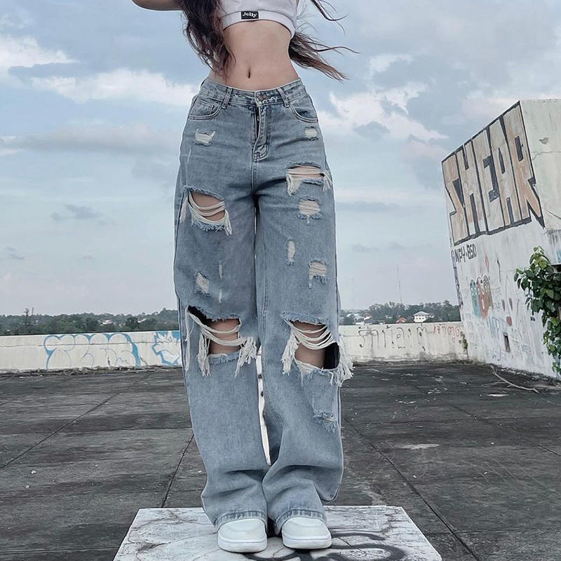 Ripped Straight Jeans Kawaii Side