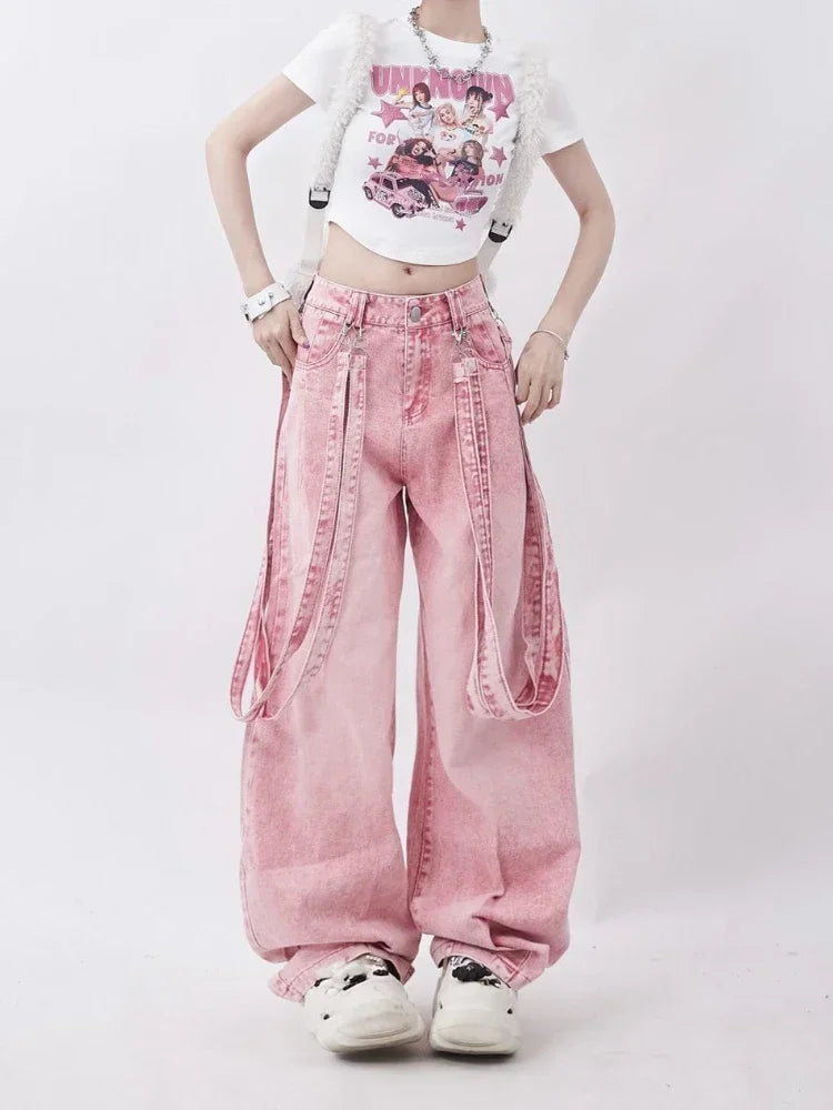 Pink Y2K Cargo Jeans Kawaii Side
