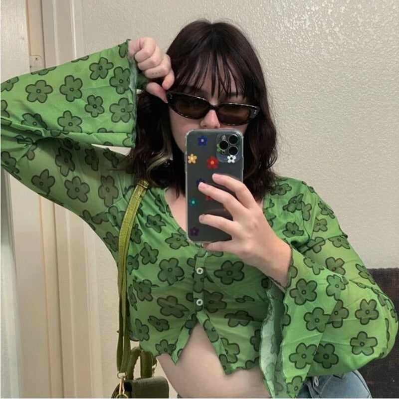 Indie Girl Green Floral Top Kawaii Side