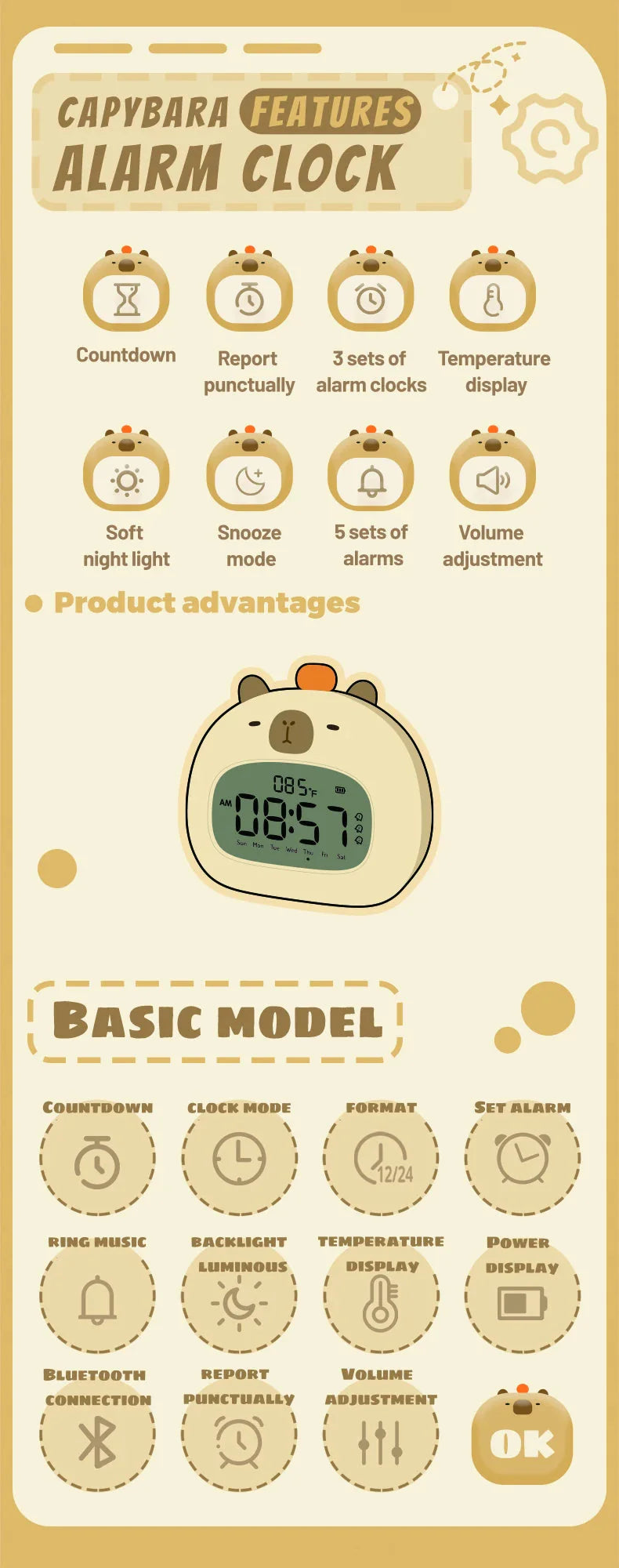 Capybara Bedside LED Digital Alarm Clock Kawaii Side