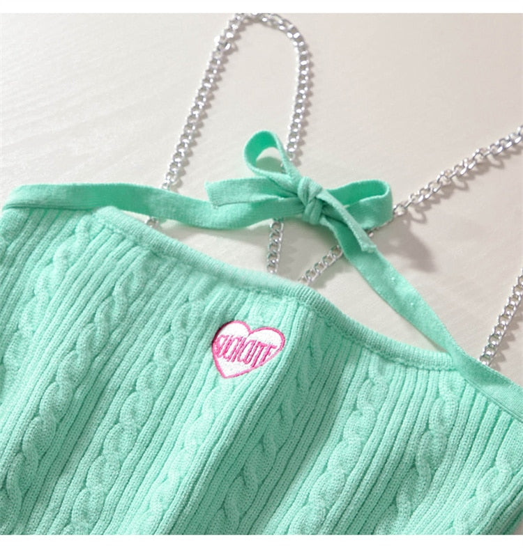 Y2K Ribbed Knitted Crop Top Green Kawaii Side