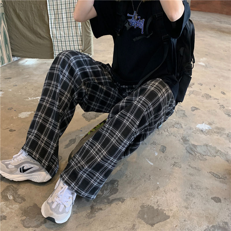 Black Plaid Wide Leg Pants Kawaii Side