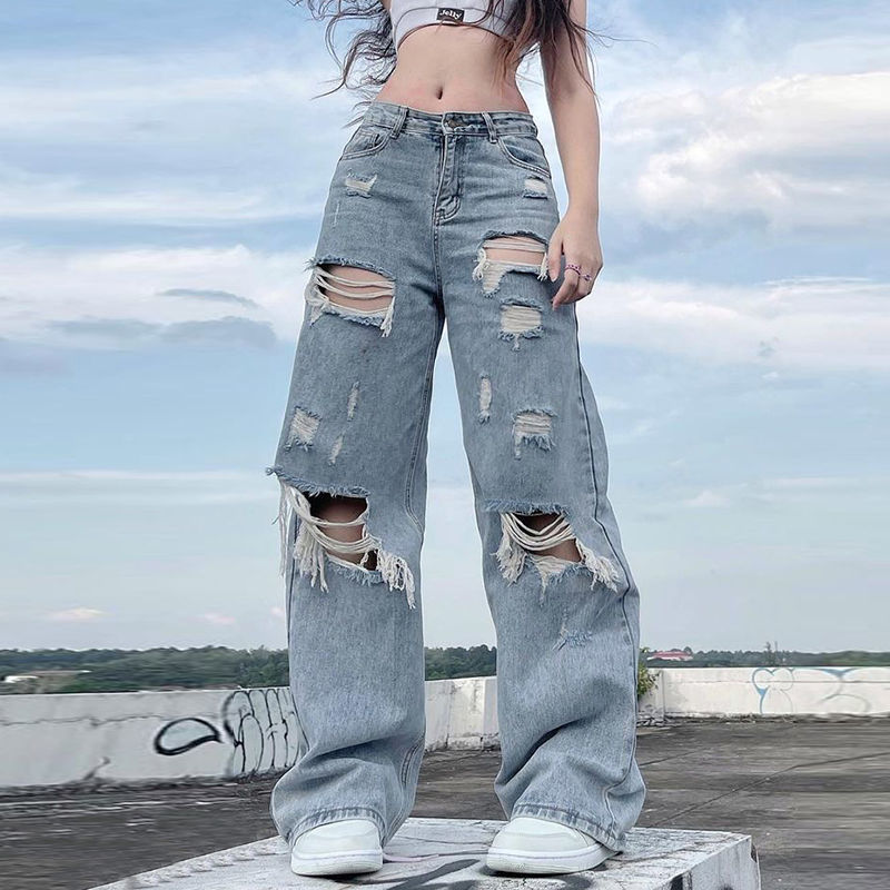 Ripped Straight Jeans Kawaii Side