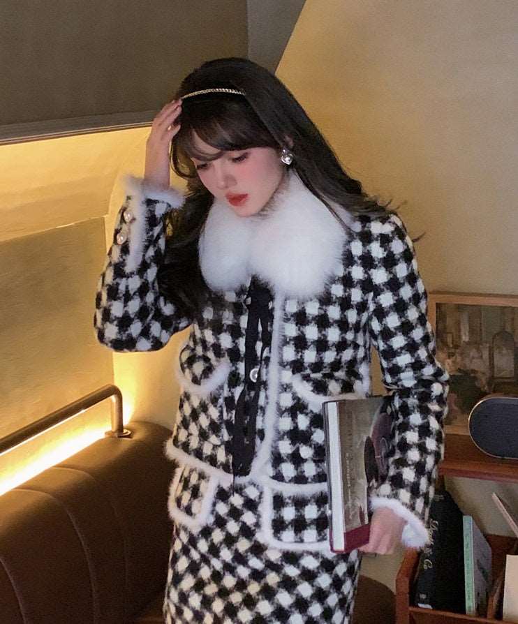 Acacia Classic Houndstooth Fur Collar White Black Jacket Skirt Two Piece Set Kawaii Side