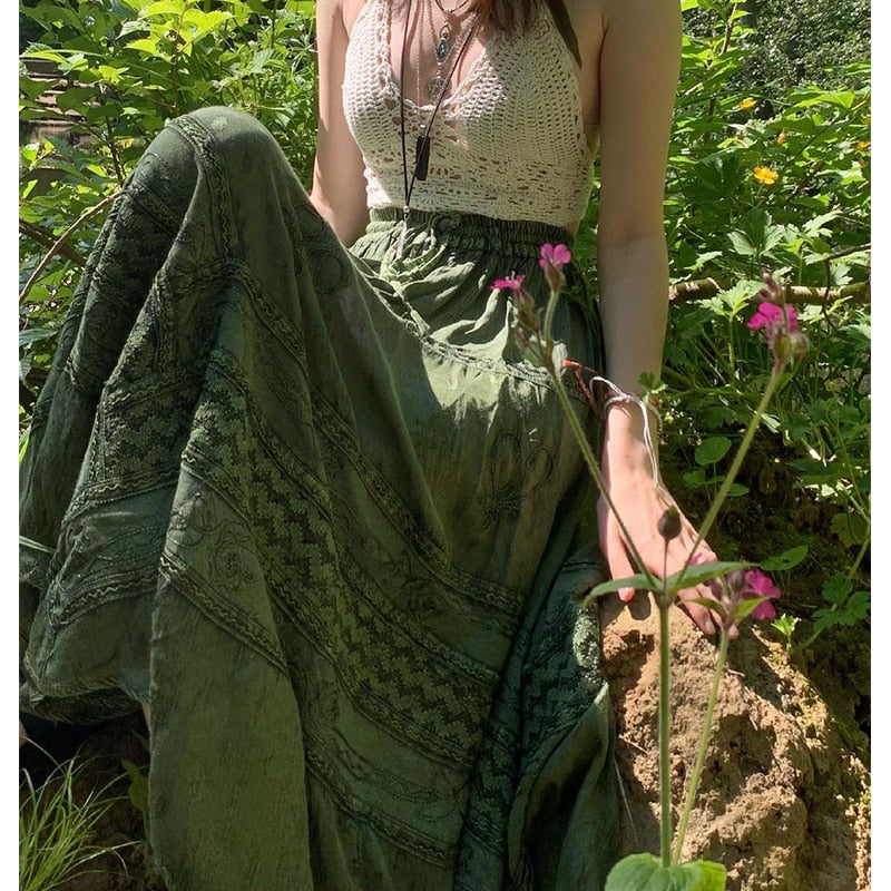 Fairy Grunge Fairycore Green Long Skirt Kawaii Side