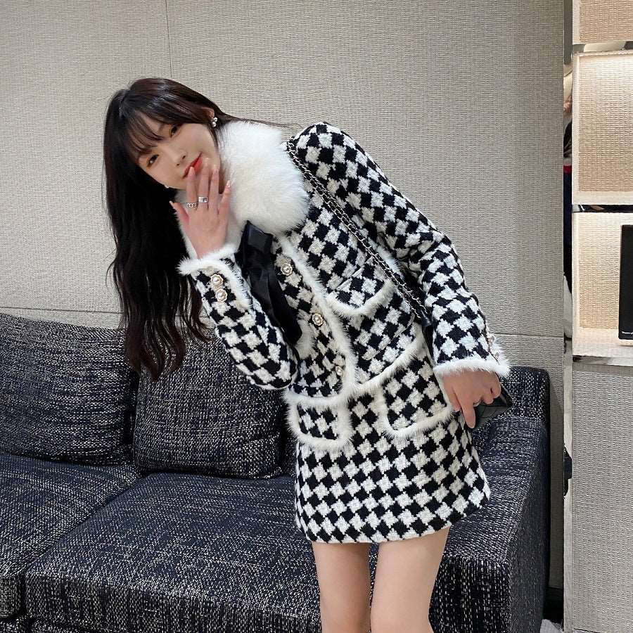 Acacia Classic Houndstooth Fur Collar White Black Jacket Skirt Two Piece Set Kawaii Side