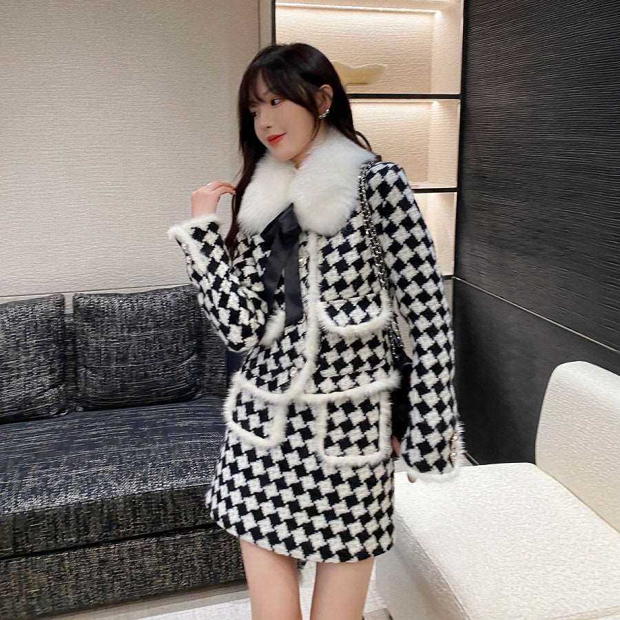 Acacia Classic Houndstooth Fur Collar White Black Jacket Skirt Two Piece Set Kawaii Side