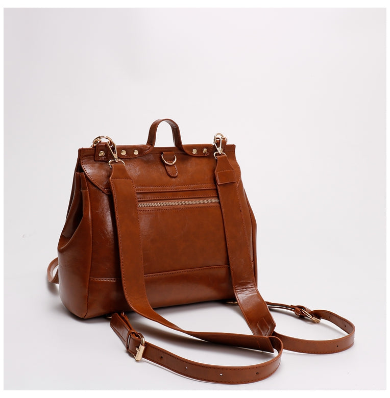 Retro Chic Brown Black Leather School College Satchel Bag Kawaii Side
