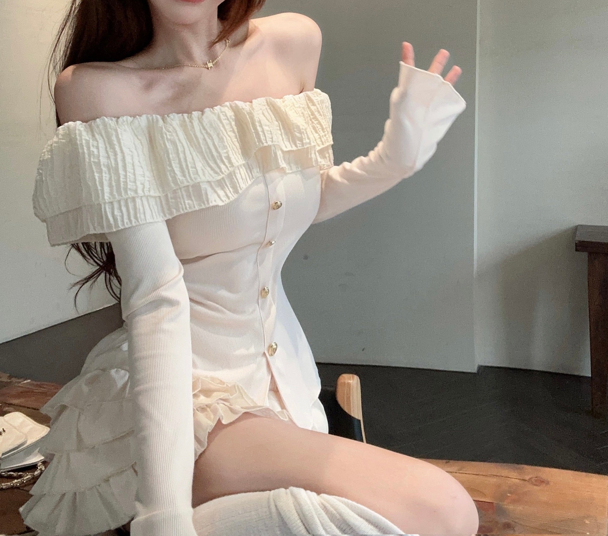 Frill Ruffled Coquette Fit Long Sleeve Cream White Black Top Kawaii Side