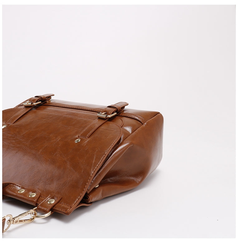 Retro Chic Brown Black Leather School College Satchel Bag Kawaii Side
