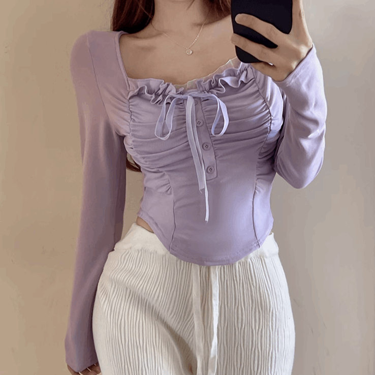 Chic White Purple Sweet Beautiful Lace Ribbon Long Sleeve Shirt Kawaii Side