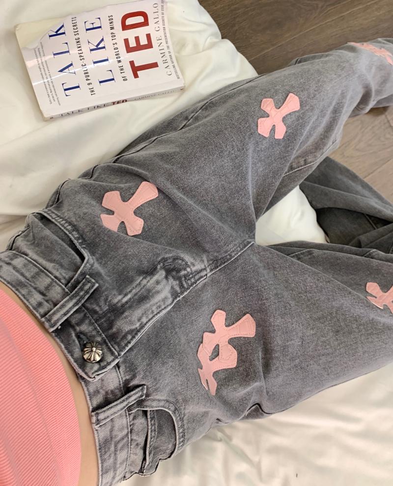 Women Denim Pink Cross Jeans Pants Kawaii Side
