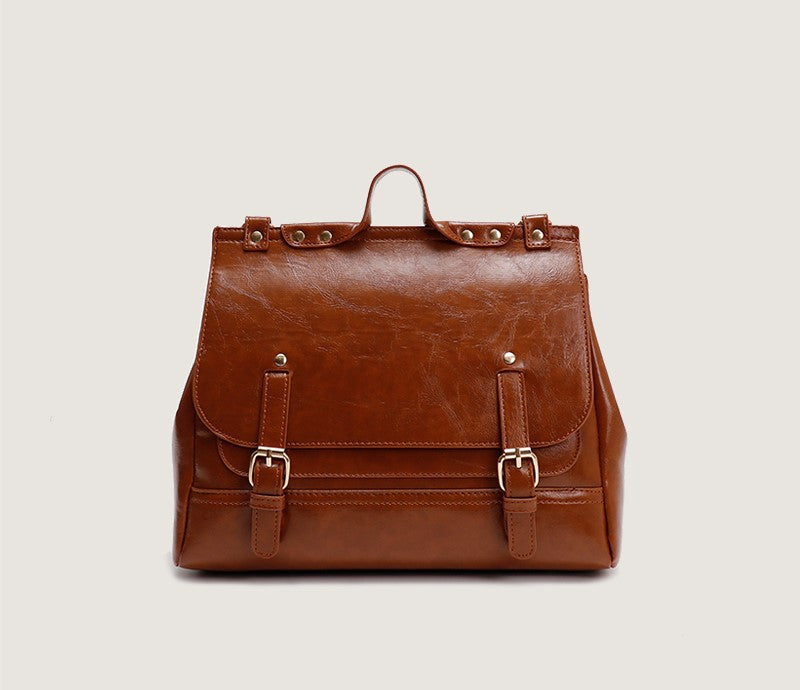 Retro Chic Brown Black Leather School College Satchel Bag Kawaii Side