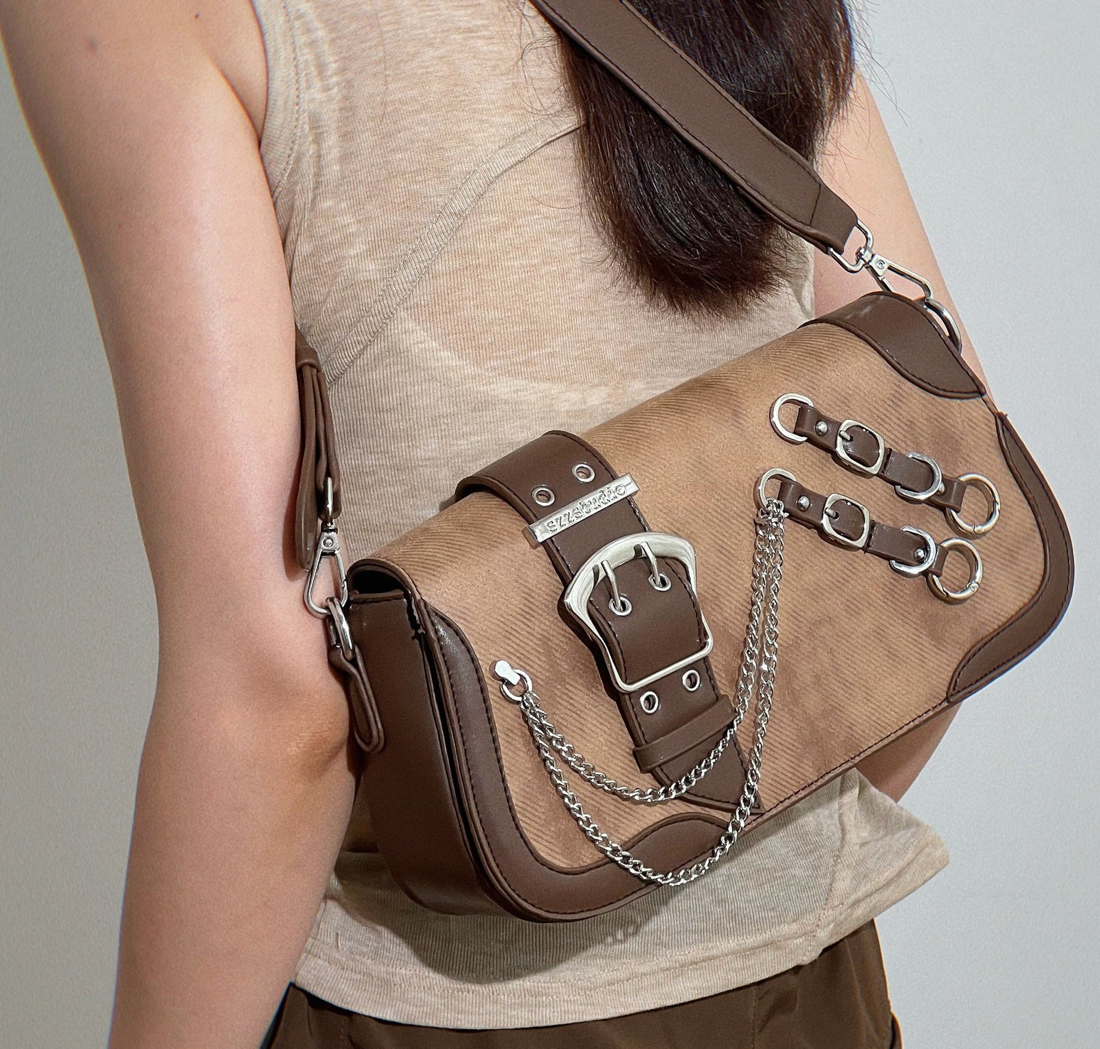 Retro Grunge Industrial Brown Leather Strap Shoulder Bag Kawaii Side