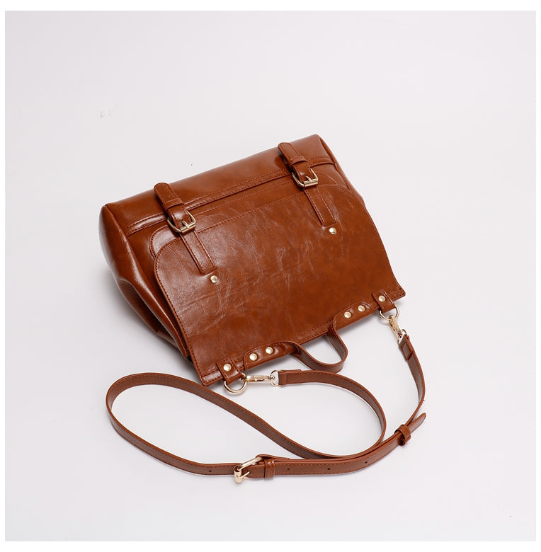 Retro Chic Brown Black Leather School College Satchel Bag Kawaii Side