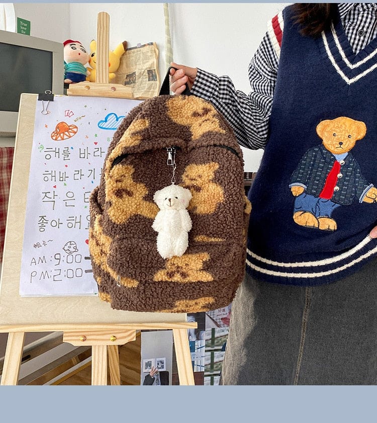 Teddy Bear Fuzzy Backpack Kawaii Side